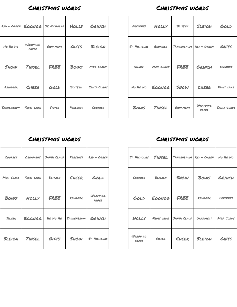 Christmas words Bingo Cards