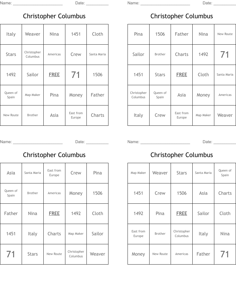 Christopher Columbus Bingo Cards