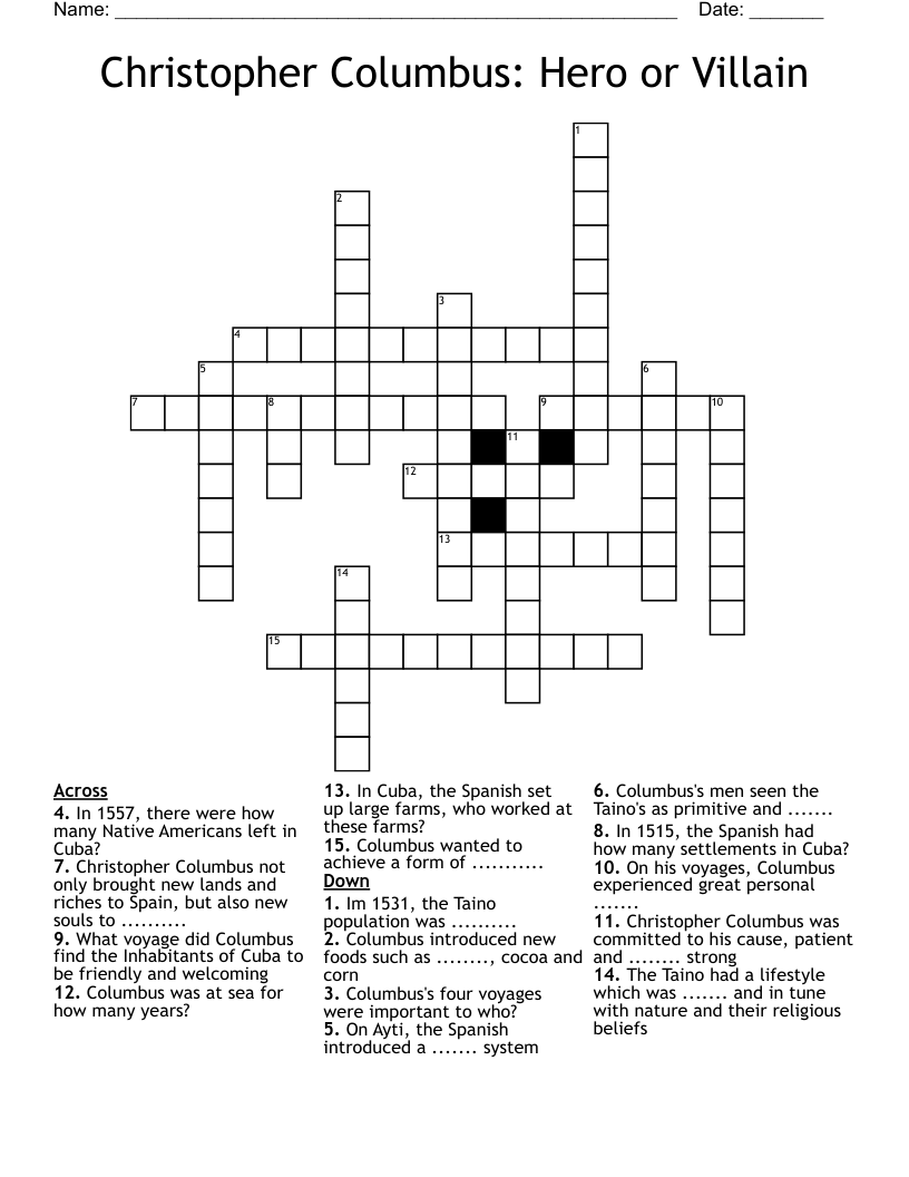 Christopher Columbus: Hero or Villain  Crossword