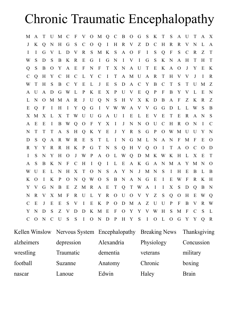 Chronic Traumatic Encephalopathy Word Search