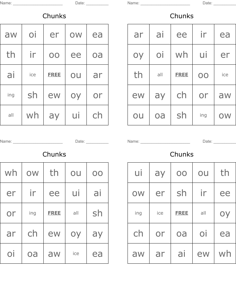 Chunks Bingo Cards