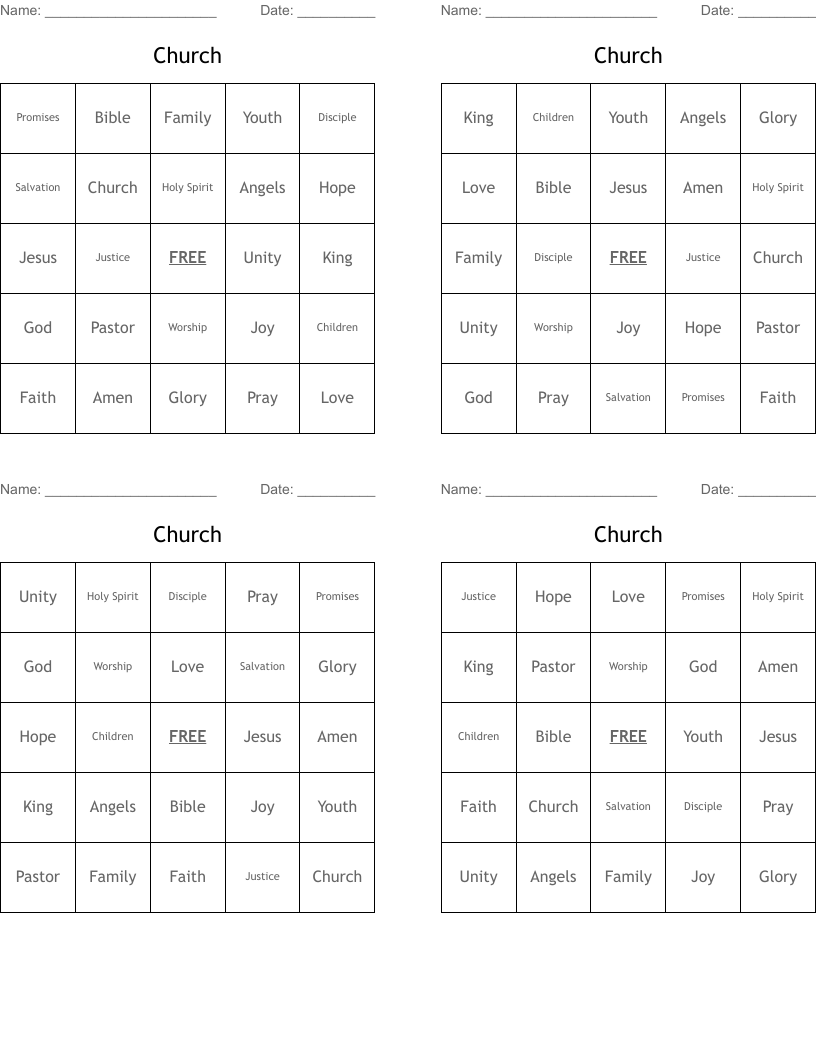 Church Bingo Cards
