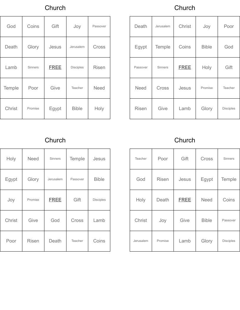 Church Bingo Cards