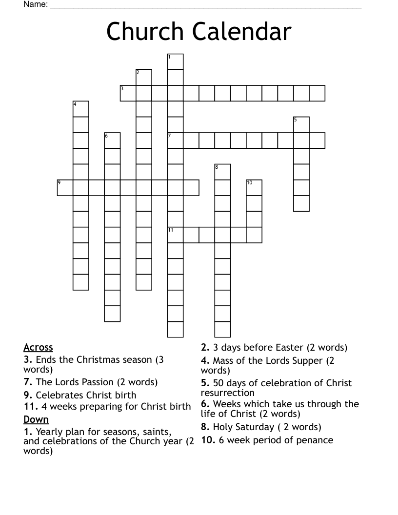 Church Calendar Crossword