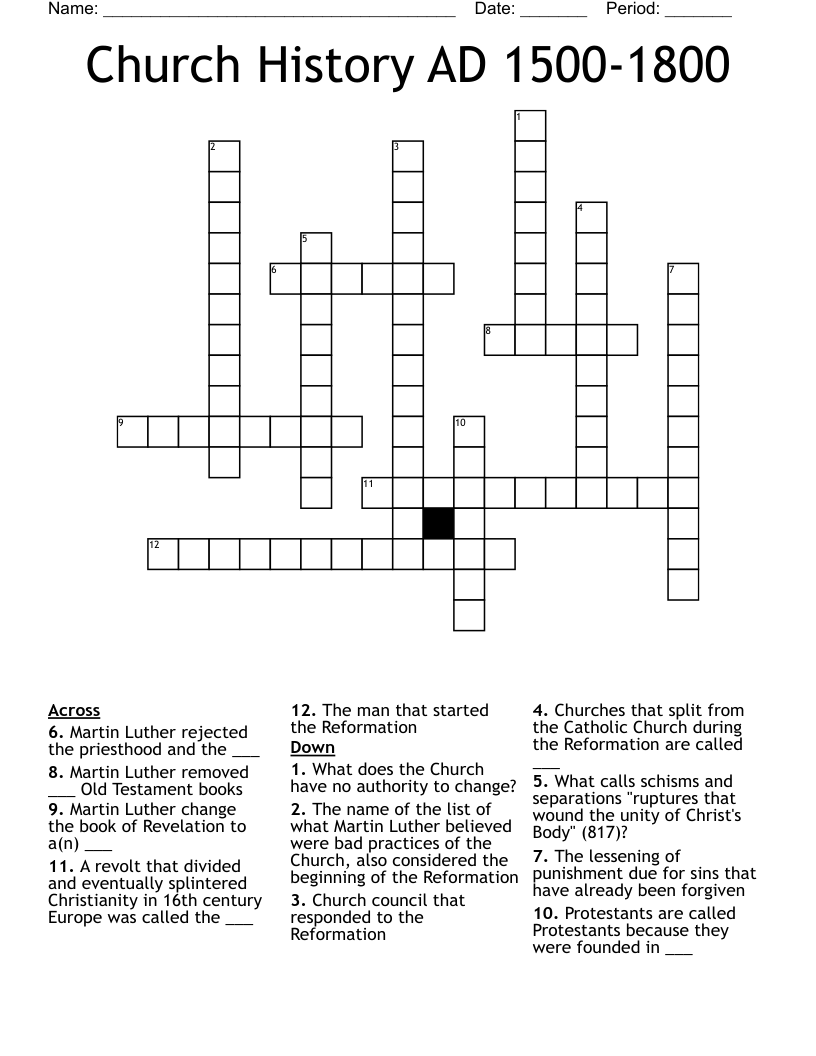 Church History AD 1500-1800 Crossword