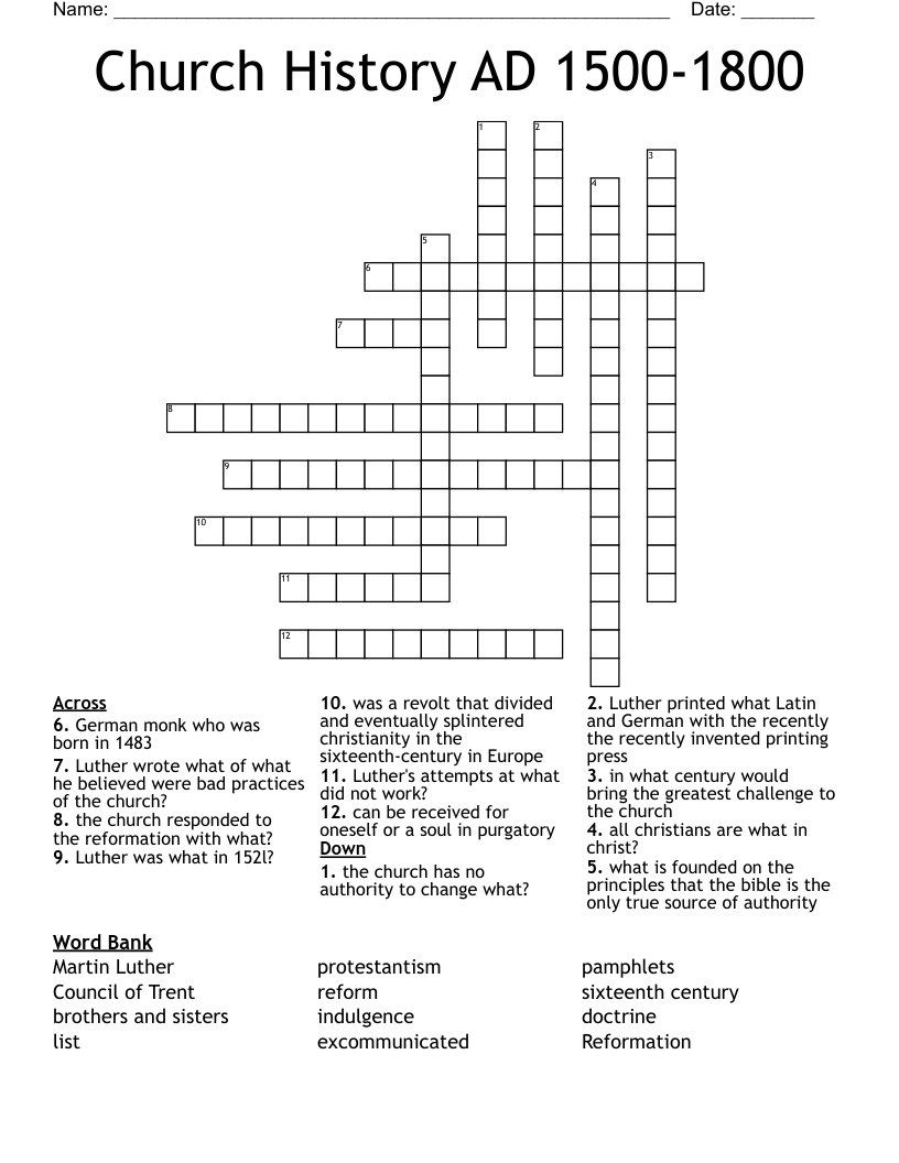 Church History AD 1500-1800 Crossword