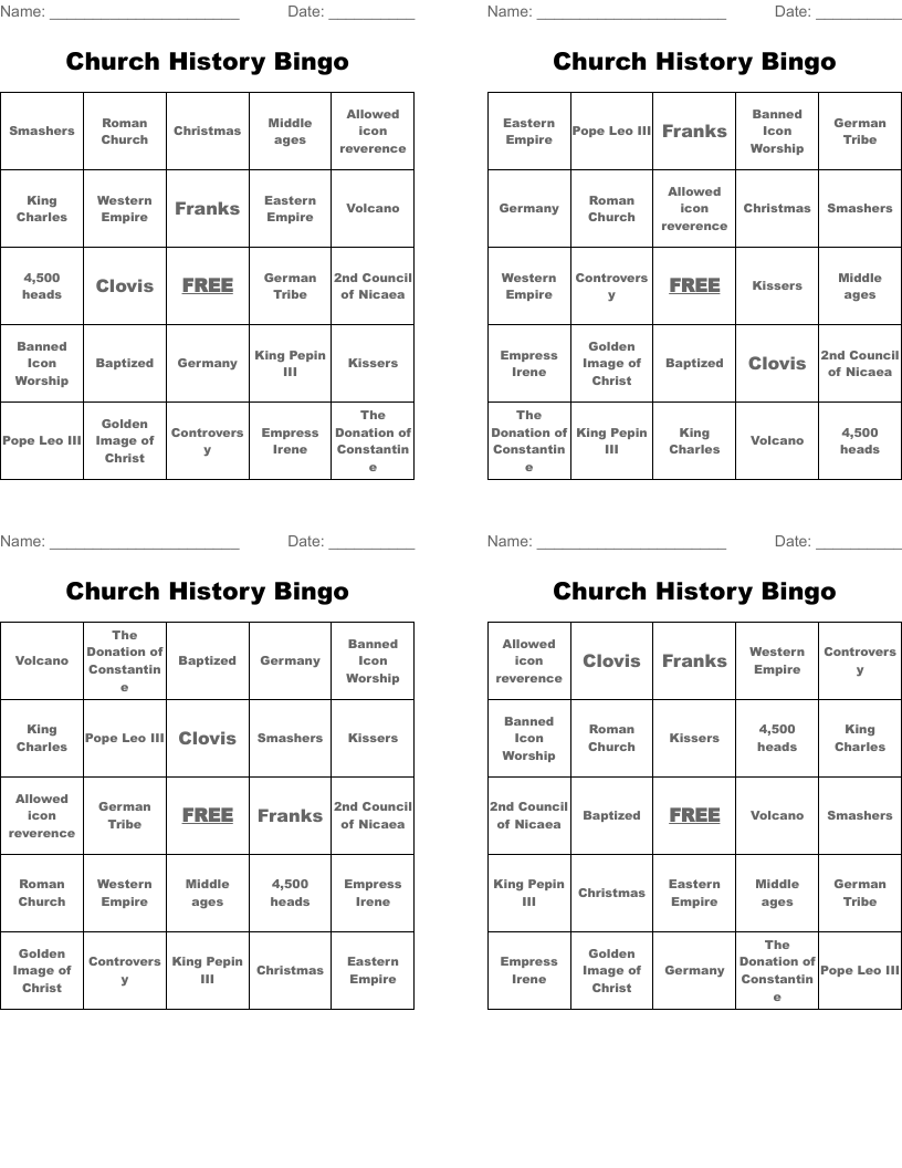 Church History Bingo