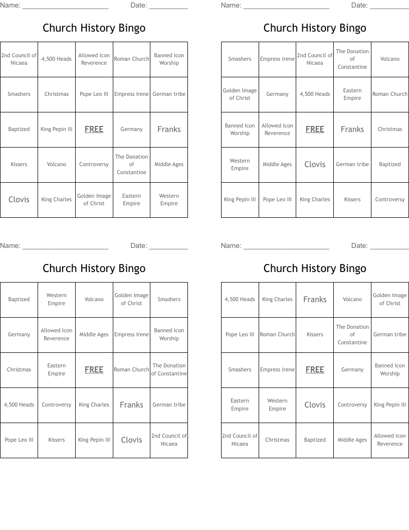 Church History Bingo
