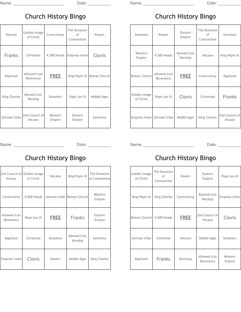 Church History Bingo