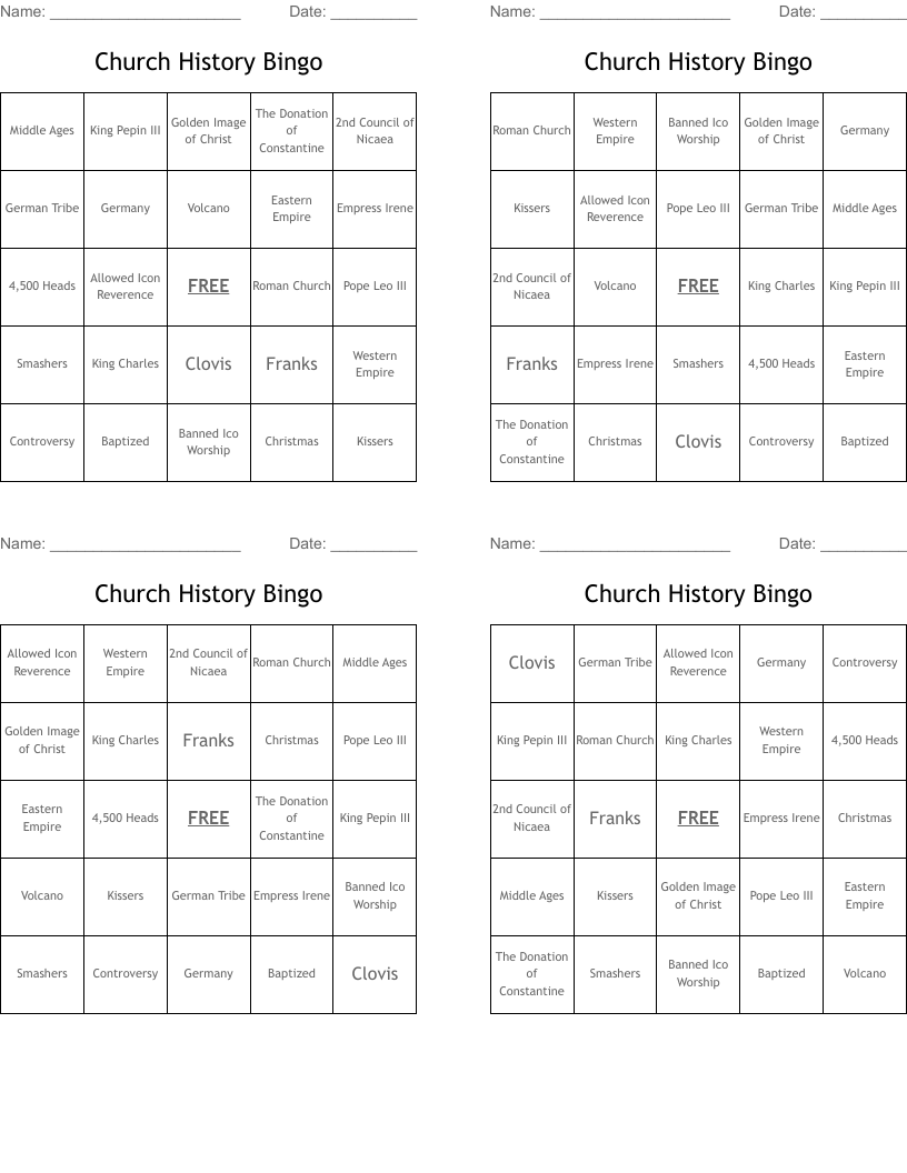 Church History Bingo