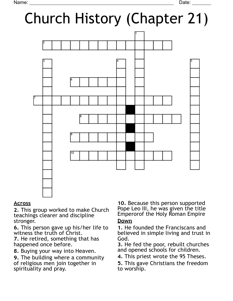 Church History (Chapter 21) Crossword
