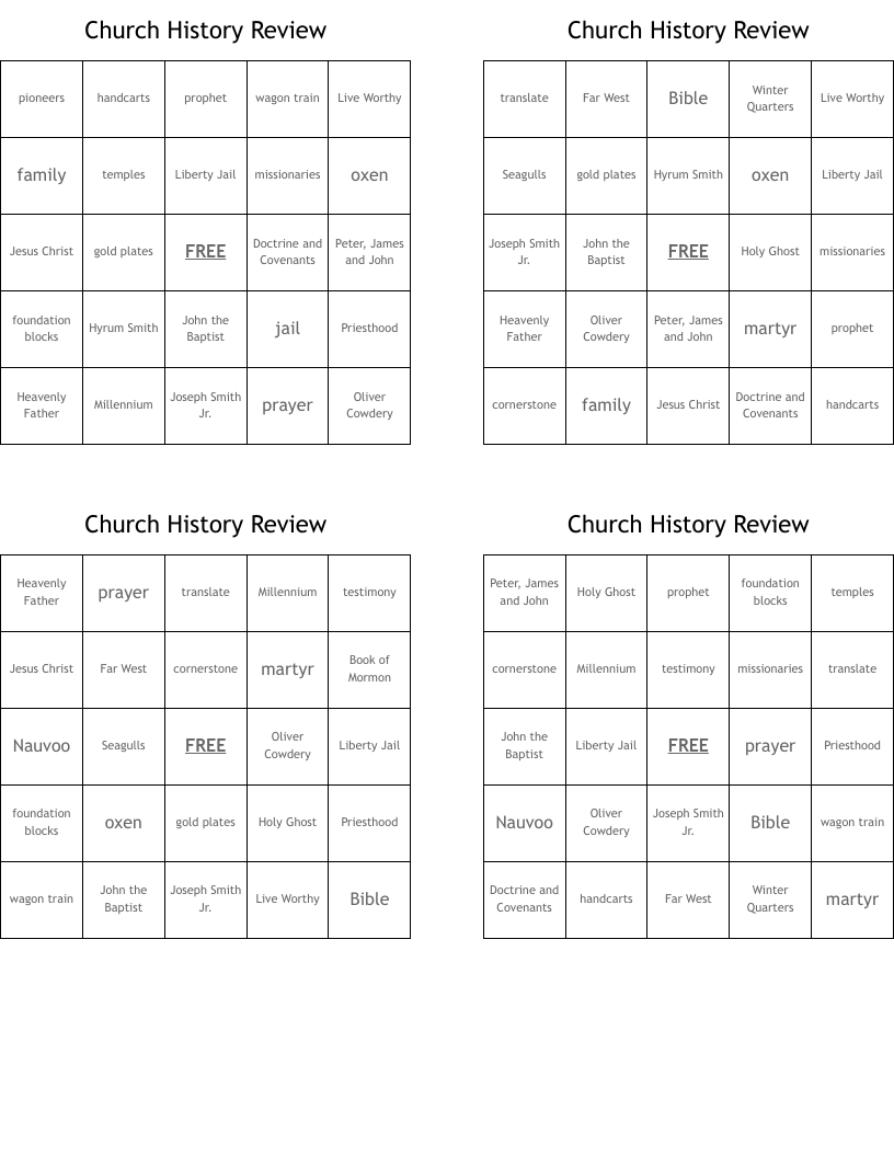 Church History Review Bingo Cards