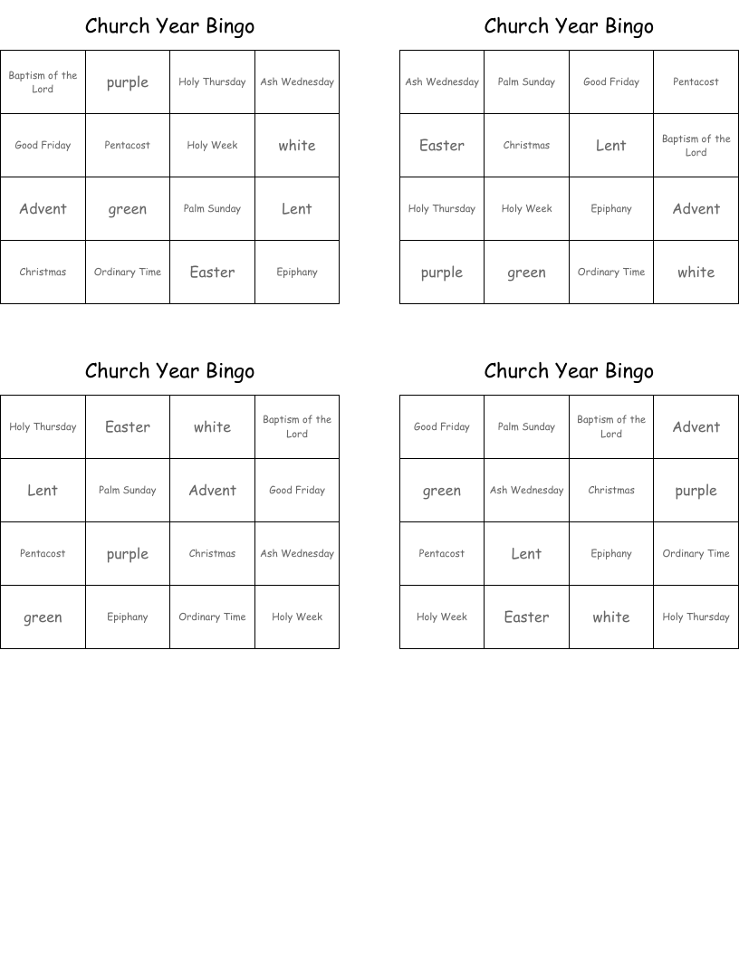 Church Year Bingo