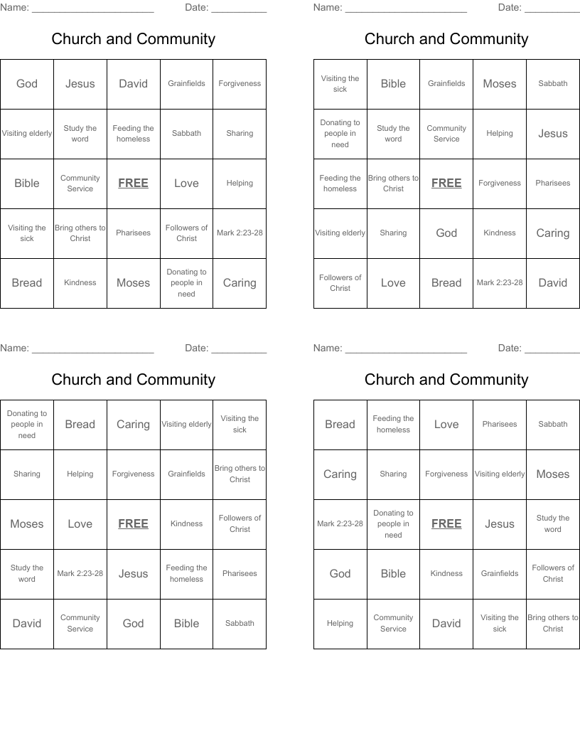 Church and Community Bingo Cards