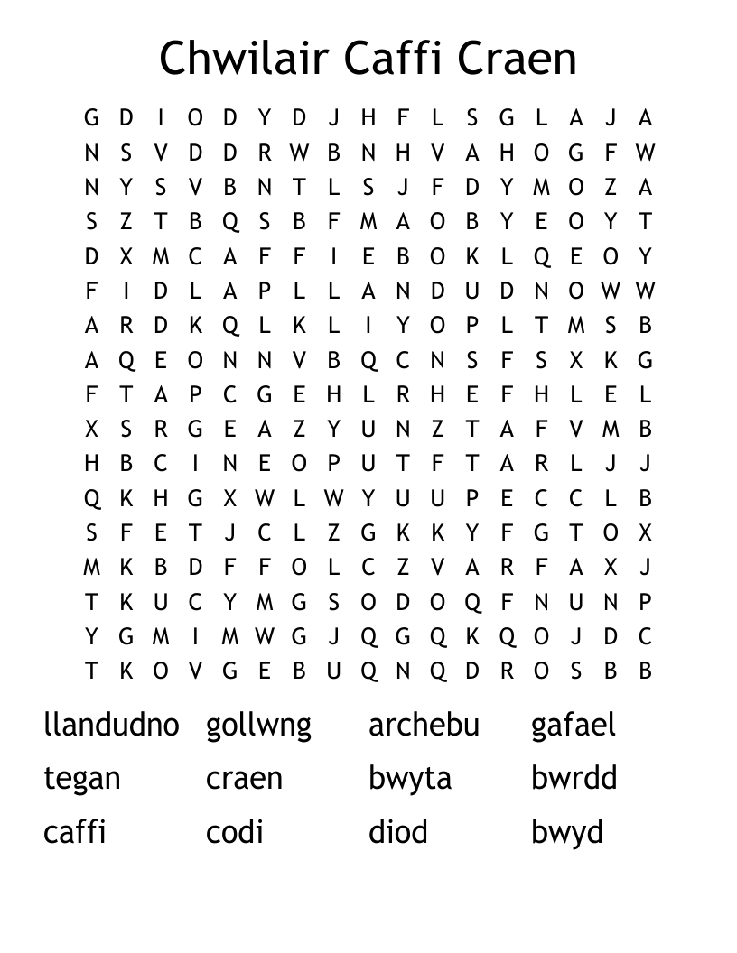 Chwilair Caffi Craen Word Search