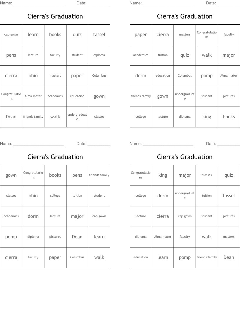 Cierra's Graduation Bingo Cards