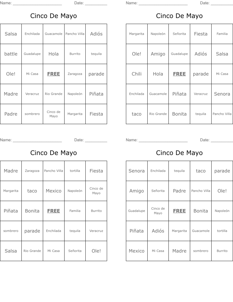 Cinco De Mayo Bingo Cards