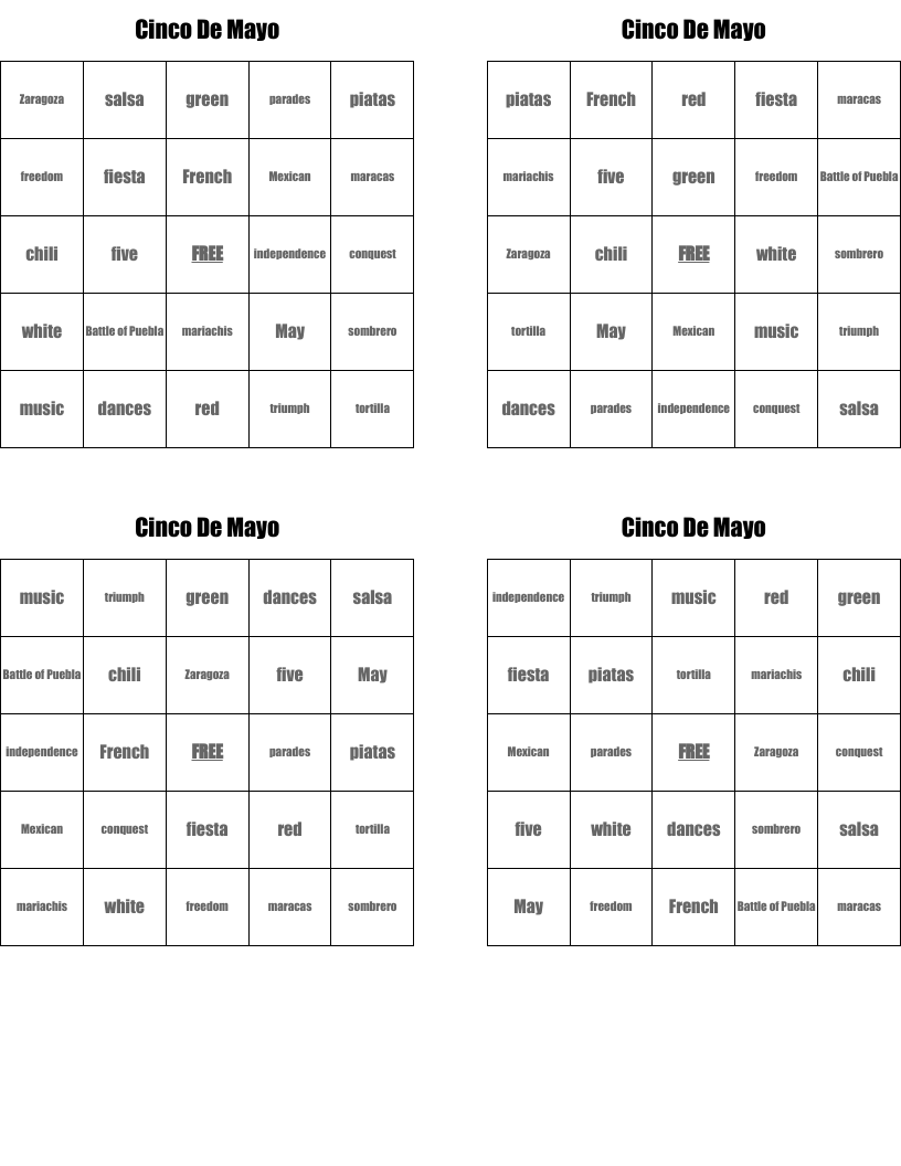 Cinco De Mayo Bingo Cards