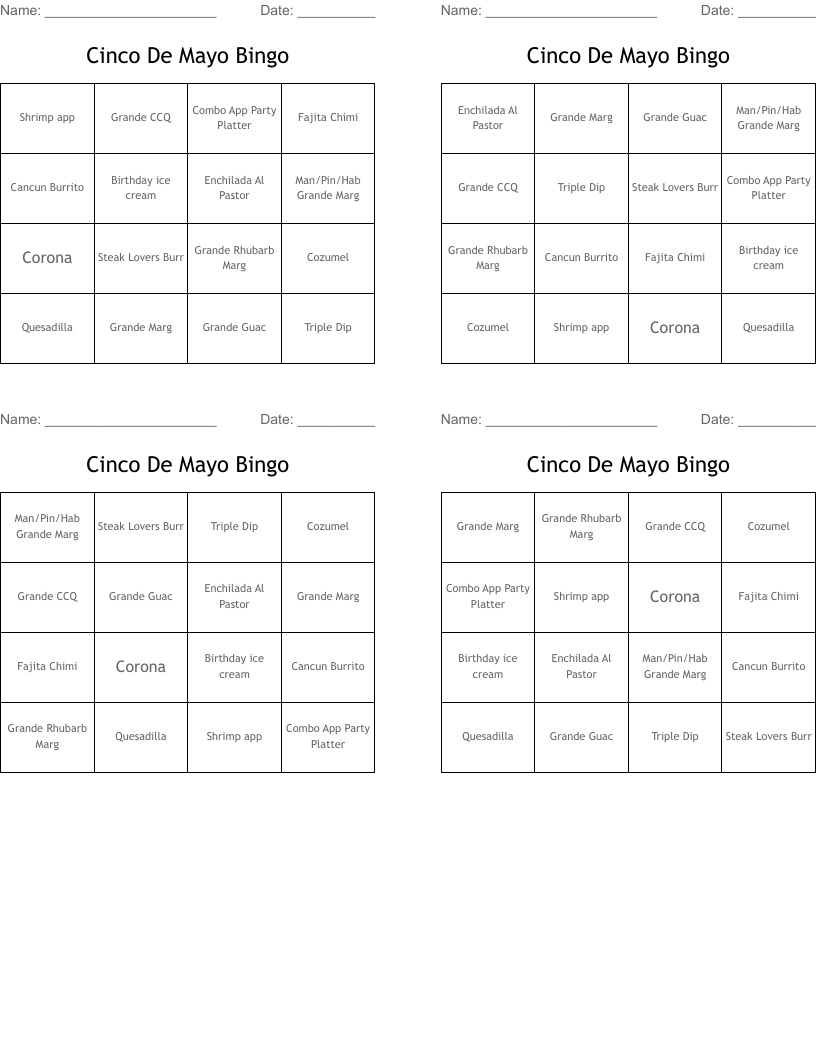 Cinco De Mayo Bingo