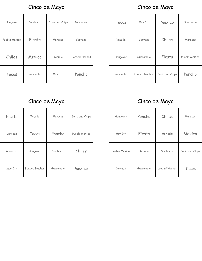 Cinco de Mayo Bingo Cards