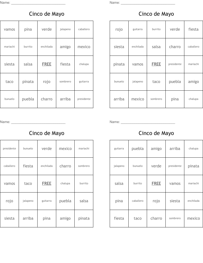 Cinco de Mayo Bingo Cards