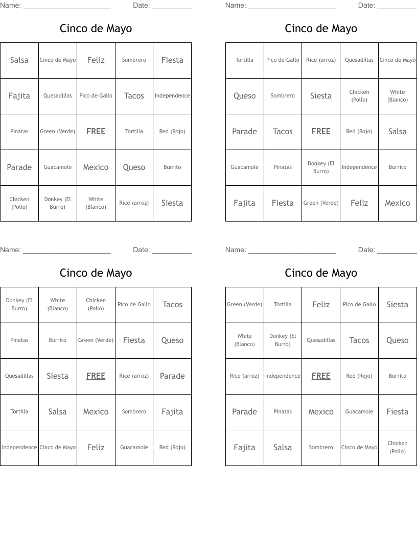 Cinco de Mayo Bingo Cards