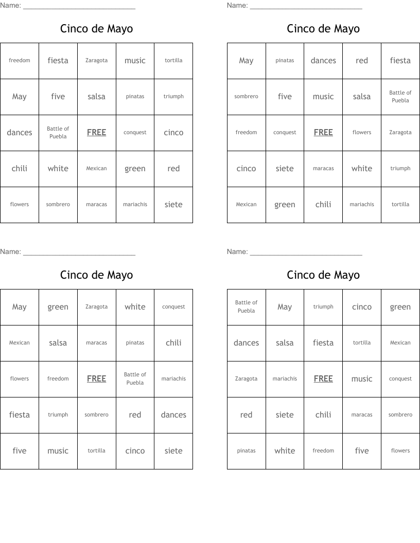 Cinco de Mayo Bingo Cards