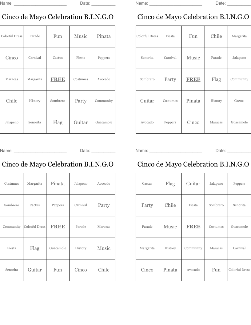 Cinco de Mayo Celebration B.I.N.G.O Bingo Cards