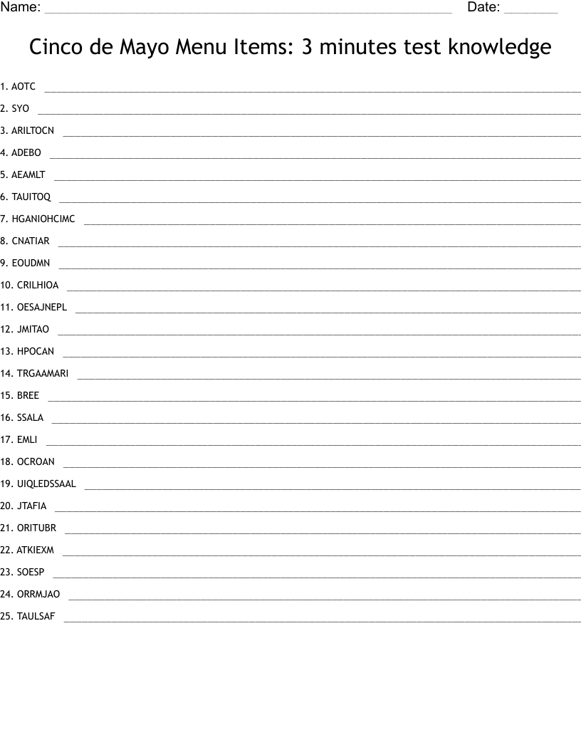 Cinco de Mayo Menu Items: 3 minutes test knowledge Word Scramble