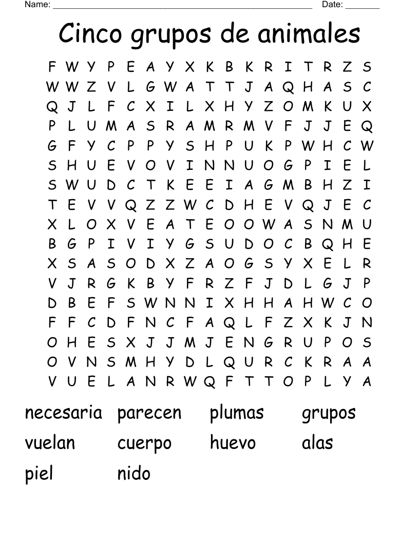 Cinco grupos de animales Word Search