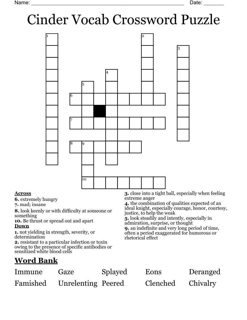 Cinder Vocab Crossword Puzzle 
