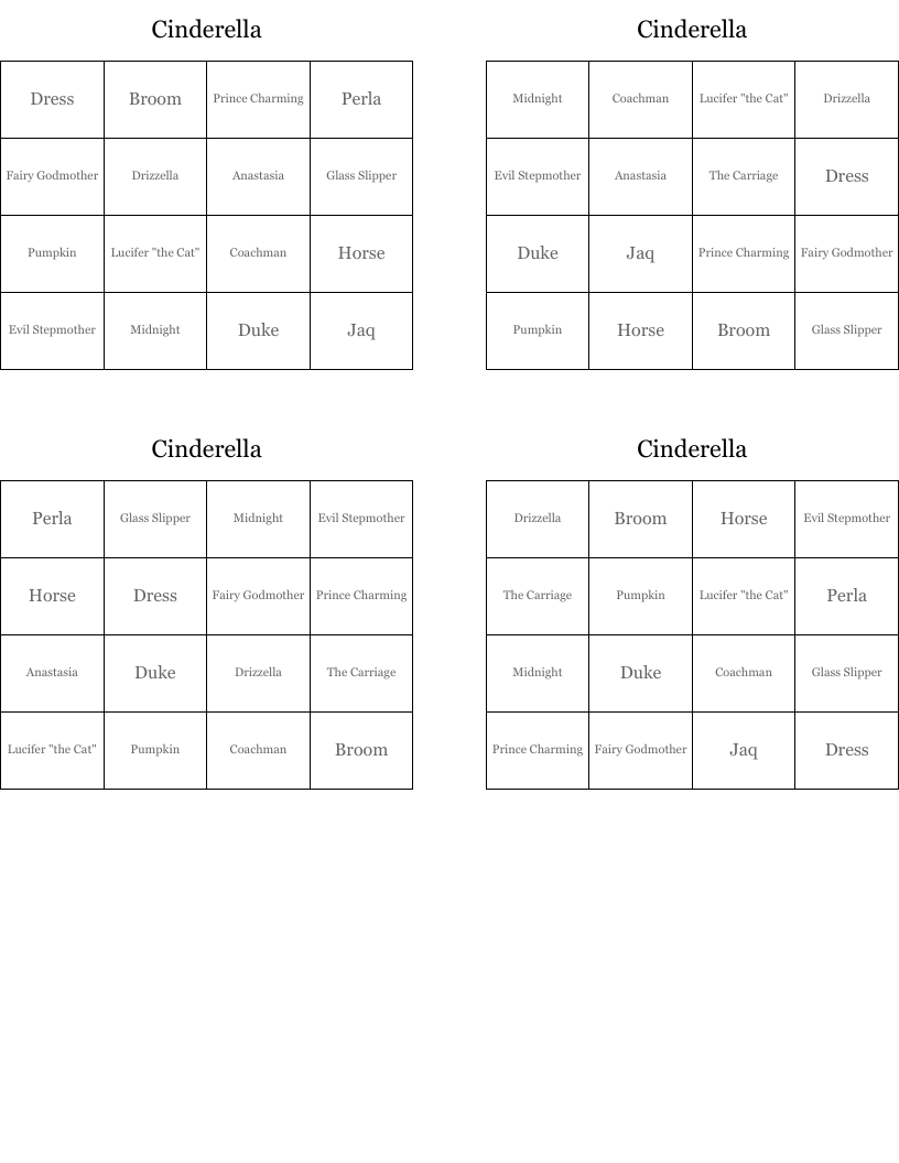 Cinderella Bingo Cards