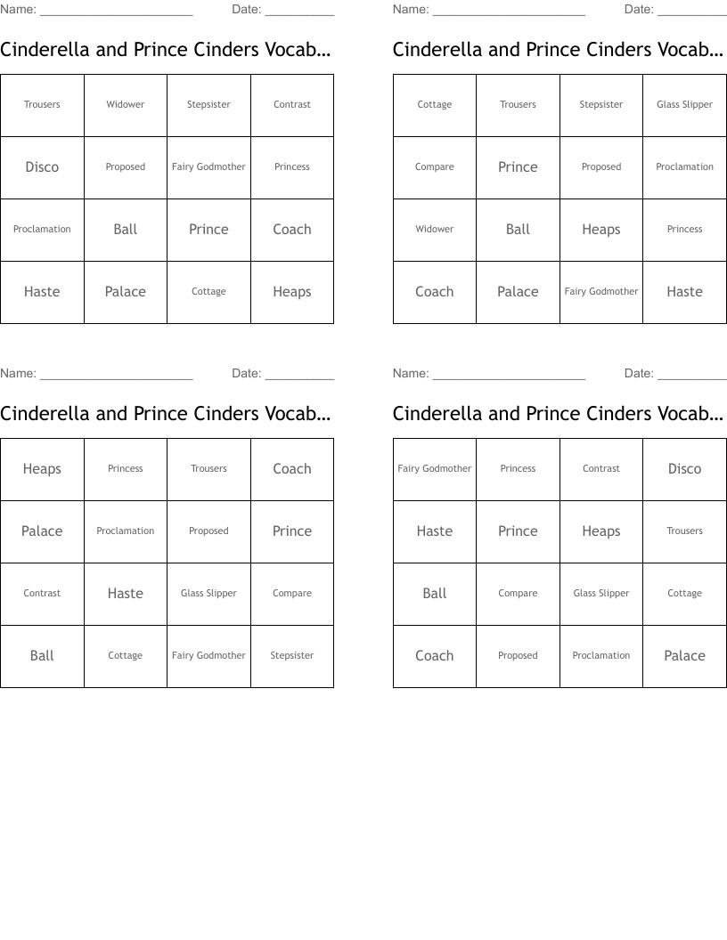 Cinderella and Prince Cinders Vocabulary Bingo Cards