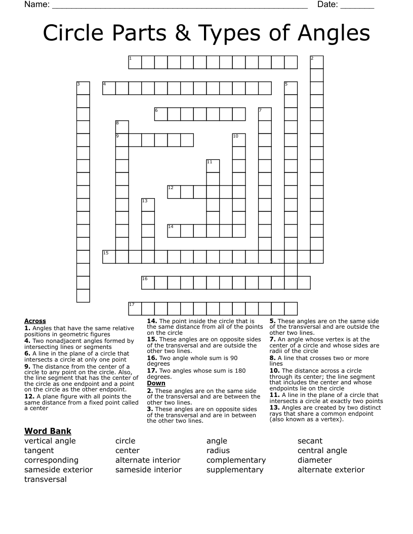 Circle Parts & Types of Angles Crossword