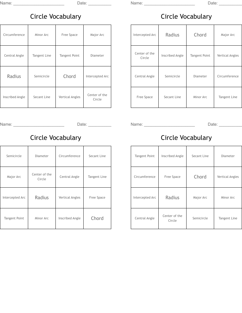 Circle Vocabulary Bingo Cards