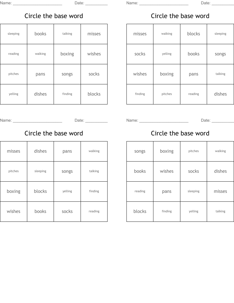 Circle the base word Bingo Cards