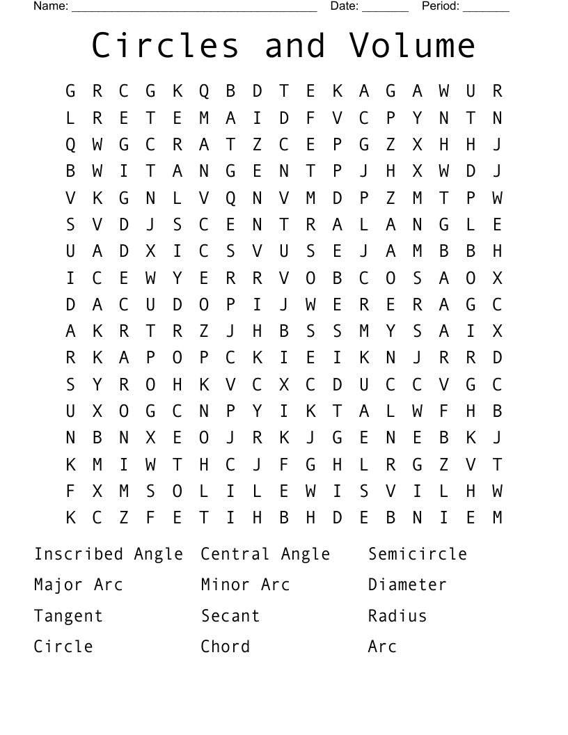 Circles and Volume Word Search
