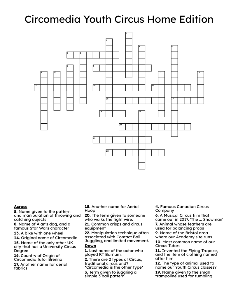 Circomedia Youth Circus Home Edition Crossword