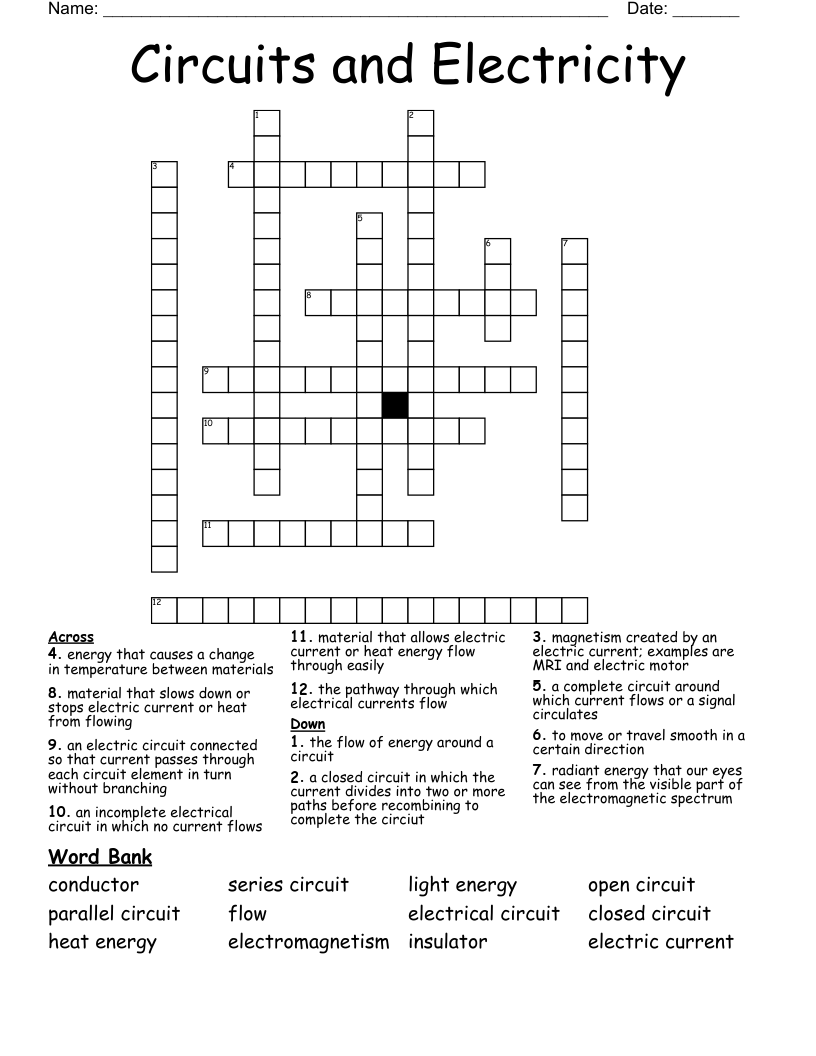 Circuits and Electricity Crossword