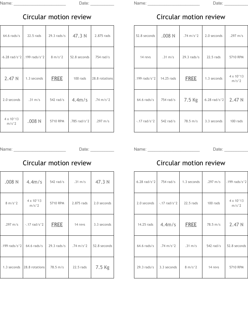 Circular motion review Bingo Cards