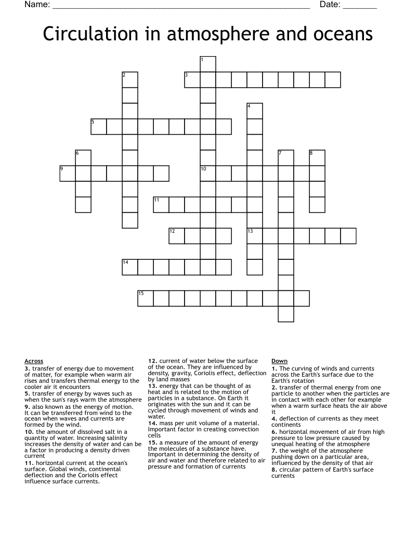 Circulation in atmosphere and oceans Crossword