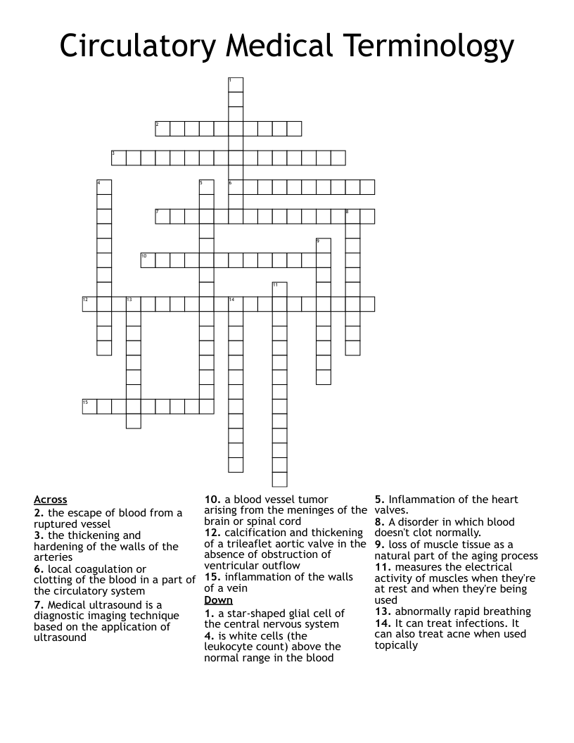 Circulatory Medical Terminology Crossword