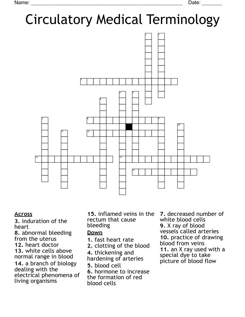 Circulatory Medical Terminology Crossword
