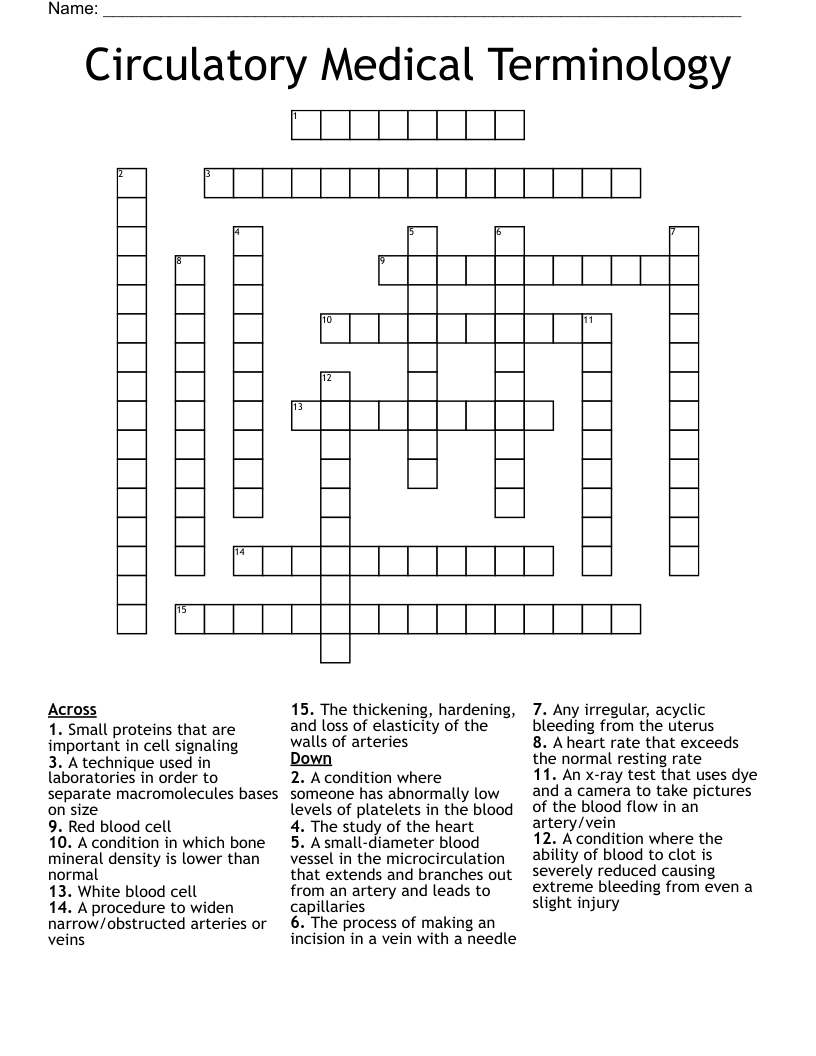 Circulatory Medical Terminology Crossword