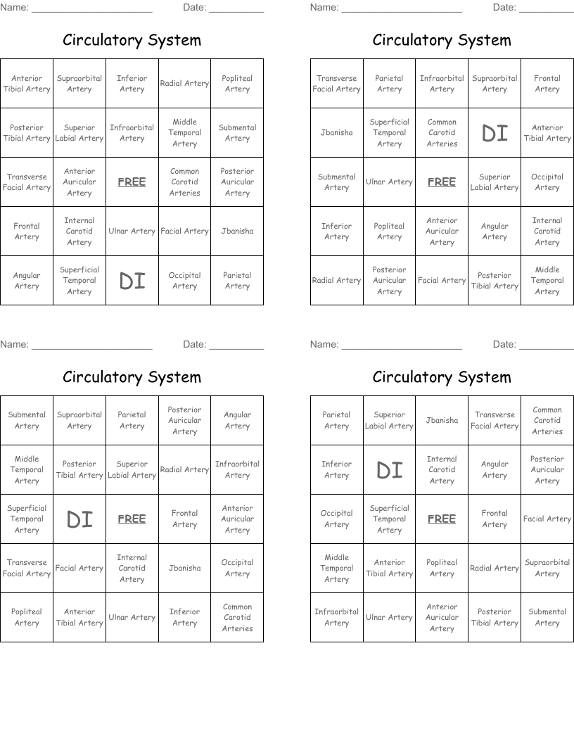 Circulatory System Bingo Cards