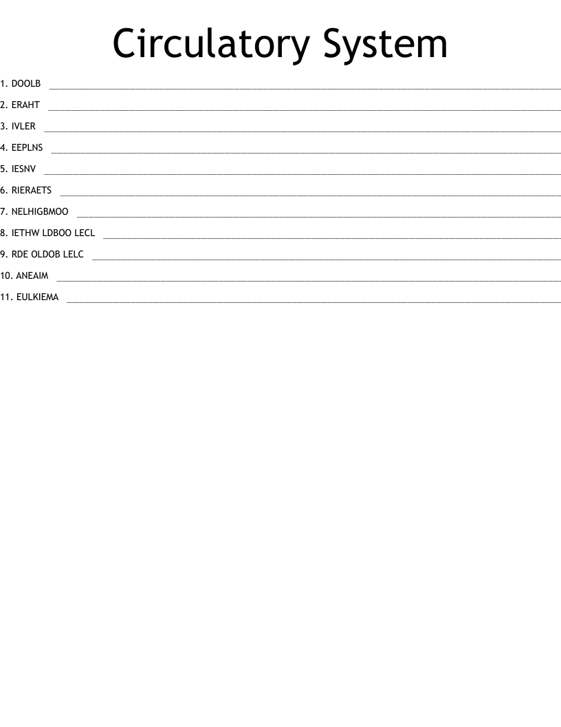 Circulatory System Word Scramble