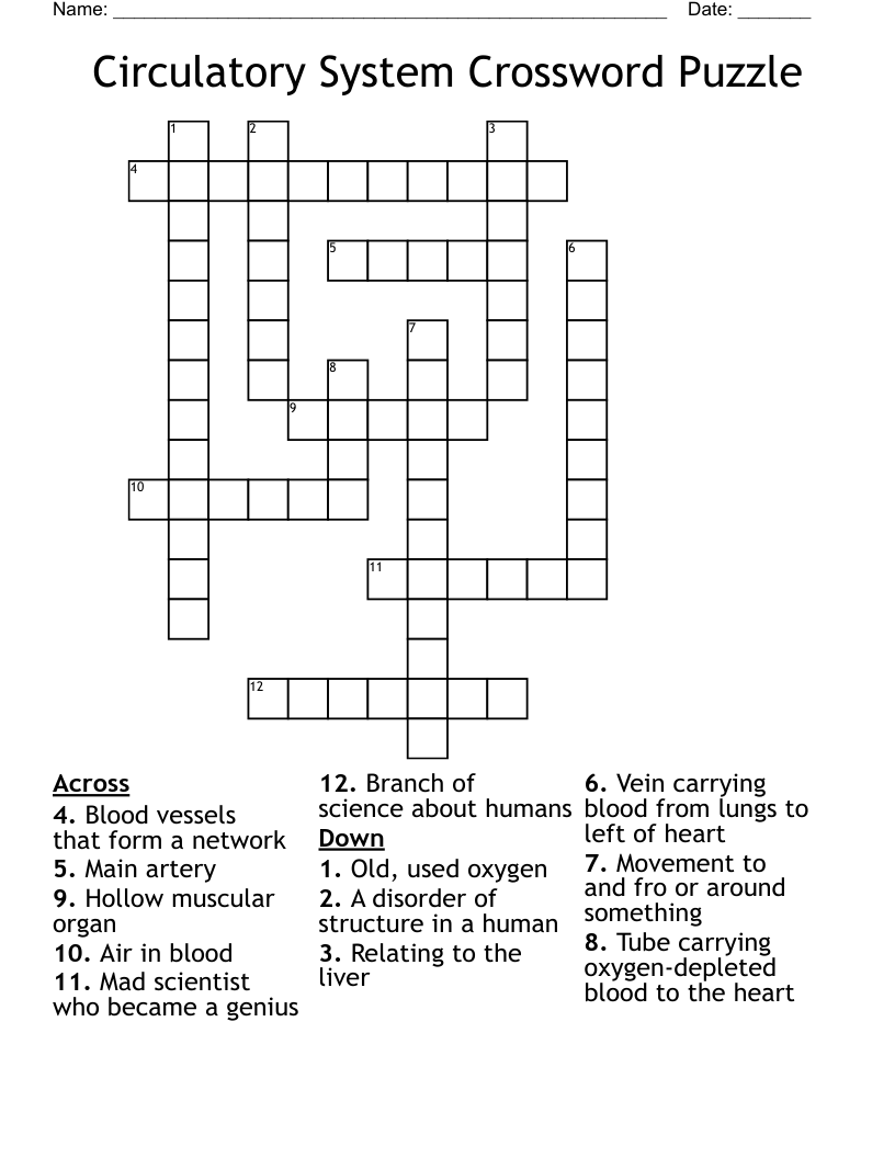 Circulatory System Crossword Puzzle