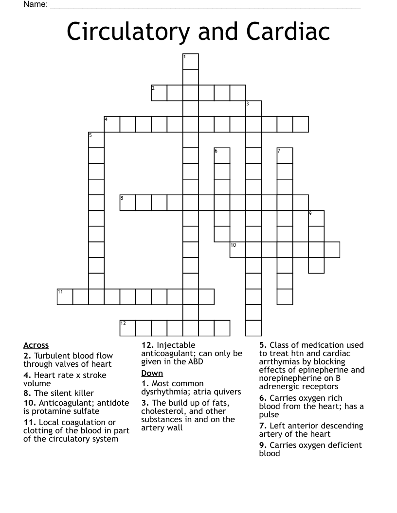 Circulatory and Cardiac Crossword