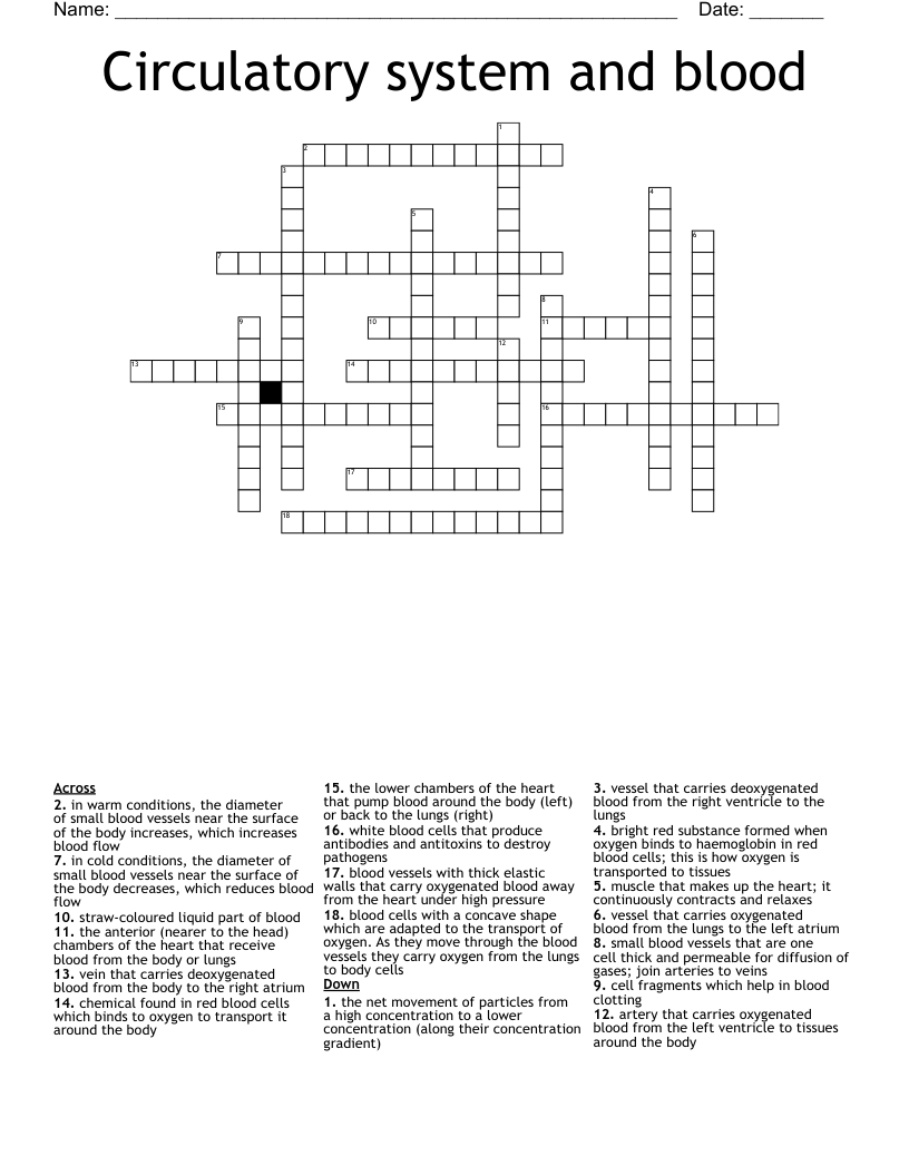 Circulatory system  and blood Crossword