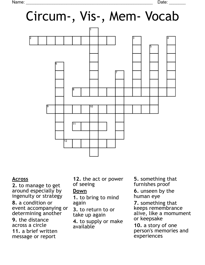 Circum-, Vis-, Mem- Vocab Crossword